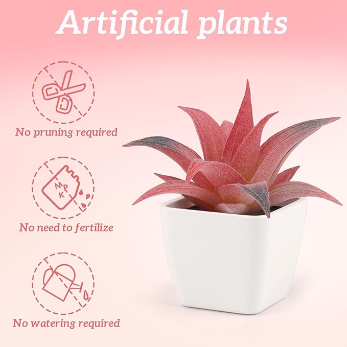 Woration 6Pcs Small Artificial Pink Succulent Set Fake Flocking Succulents Plants Potted Floral Arrangement for Shelf Office Home Desk Decorations - White Pots