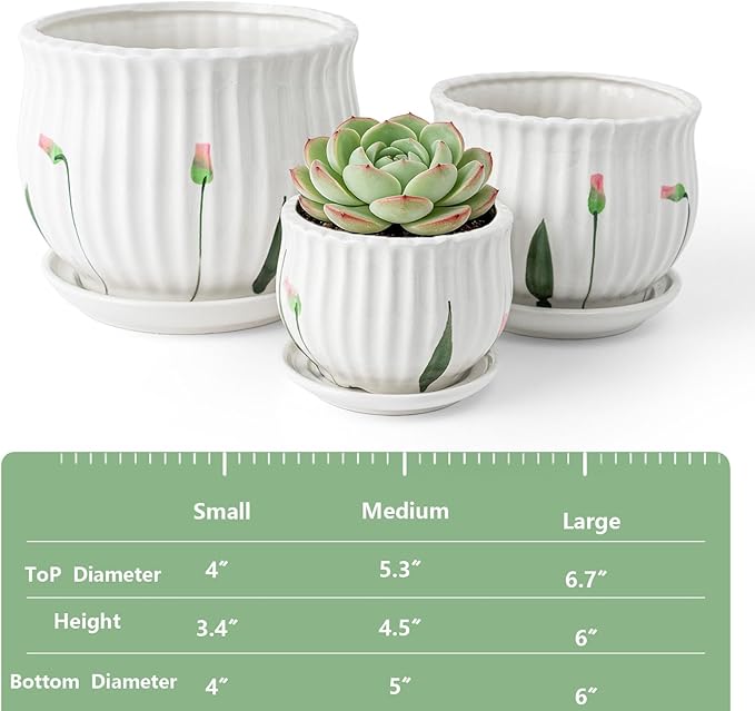 SHECIPIN Plant Pots for Indoor Plants Set of 3, 4+5.3+6.7 Inch Ceramic Plant Pots with Drainage Hole，Cute Garden Pots Succulent Pots with Saucer