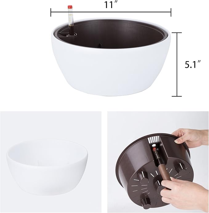 Vencer 11 Inch Plastic Round Self Watering Planter,Water Indicator,Modern Decorative Planter Pot for All House Plants Flowers, Herbs, Vegetables, Tropical,White,VF-048