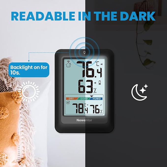 Newentor Indoor Outdoor Thermometer Wireless, Weather Stations Wireless Indoor Outdoor, Outdoor Thermometers for Patio House, Outside Inside Thermometers with Comfort Indicator, Black with 2 Sensors