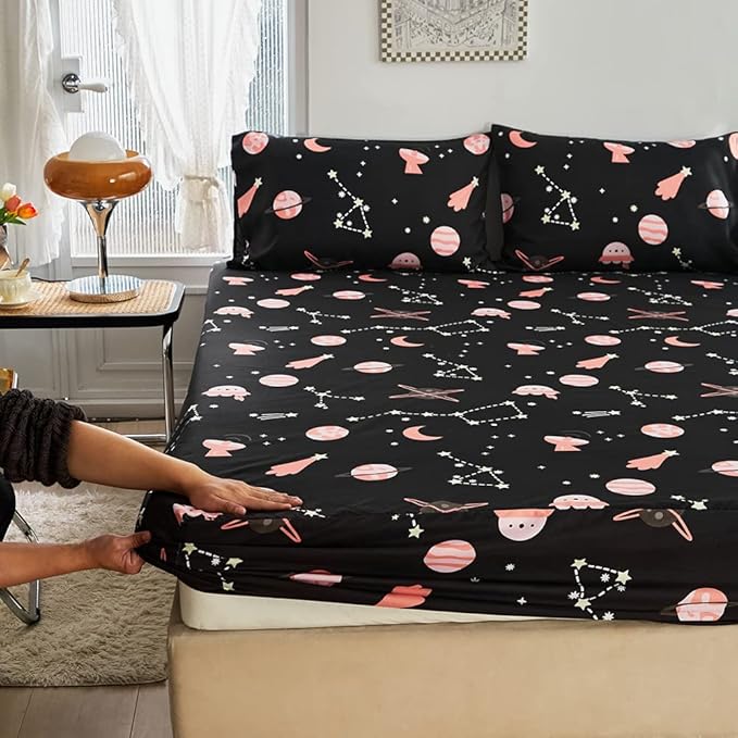 Kids Outer Space Galaxy Sheet Set Queen Girls Universe Planet Printed Bedding Set Super Soft Moon Starry Sky Bed Sheet Set Stars Constellation Sheets with Deep Pocket Fitted Sheet Pink Black