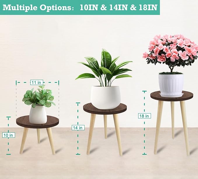 14IN Tall Plant Stand Holder for Indoor Planters, Mid Century Small Round Wood Table for Living Room Corner Floor
