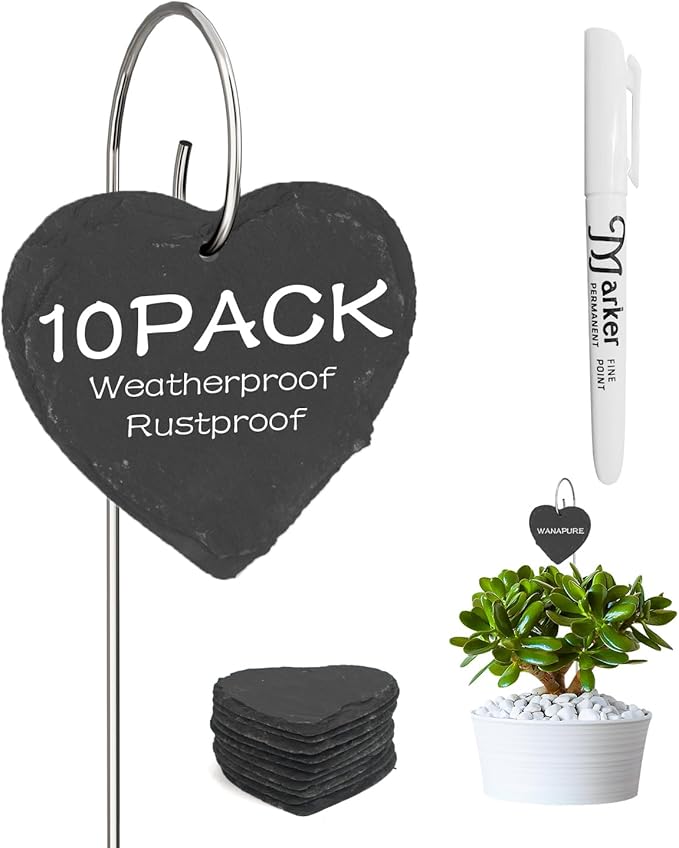 10-Pack Marble Heart Shaped Garden Markers,Weatherproof Metal Plant Labels Large Planting Seedling Stake Signs, for Seedlings Herbs Vegetable Greenhouse Gifts with White Marker Pen Labels