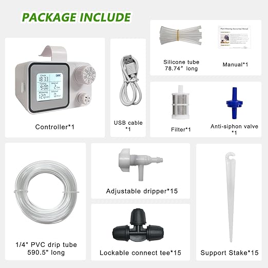 Auto Plant Waterer Indoor for 15 Potted Plants, Drip Irrigation Kit with Adjustable Drippers & Lockable Tee Connectors, Digital Programmable Timer, Upgraded Automatic Watering System Devices