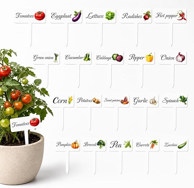 20Pcs Garden Signs for Vegetables, 20 Styles Waterproof Reusable Plant Label Signs, Fruit Plant Stakes Tags with Names for Indoor Outdoor Garden Decoration