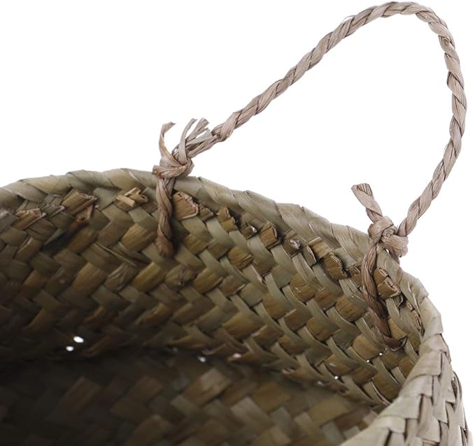 Woven Seagrass Belly Baskets with Handles for Planter Storage Flower Pot Cover Organizer&Laundry,Picnic Fruit&Grocery Baskets,Foldable Handmade Wicker Rattan Basket Hanging Decorative Baskets