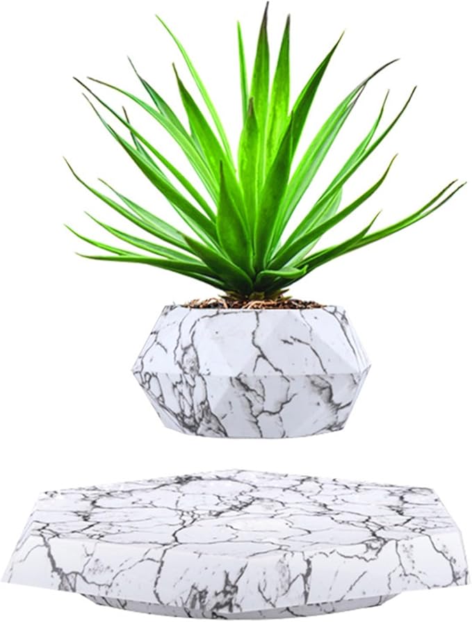 Levitating Plant Pot, Magnetic Levitation Flower Pot,Hexagon Suspension Floating Plant Pot,Automatic 360° Rotation,Magnetic Levitation Suspension Floating Pot(Marble)