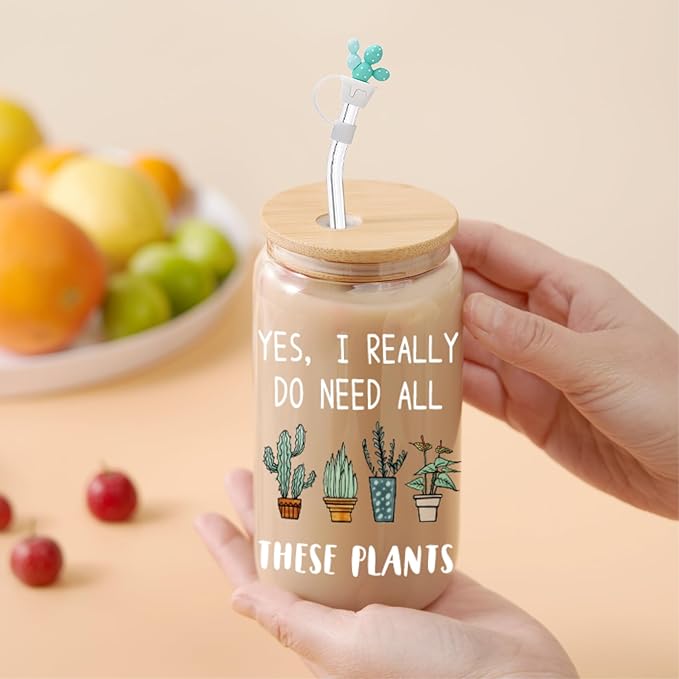 Plant Lover Gifts for Women, Cool Gardening Gifts for Plant Lady Mom, Funny Succulent Cactus Iced Coffee Glass Cup with Lid and Straw, Tote Bag, Socks, and Straw Covers