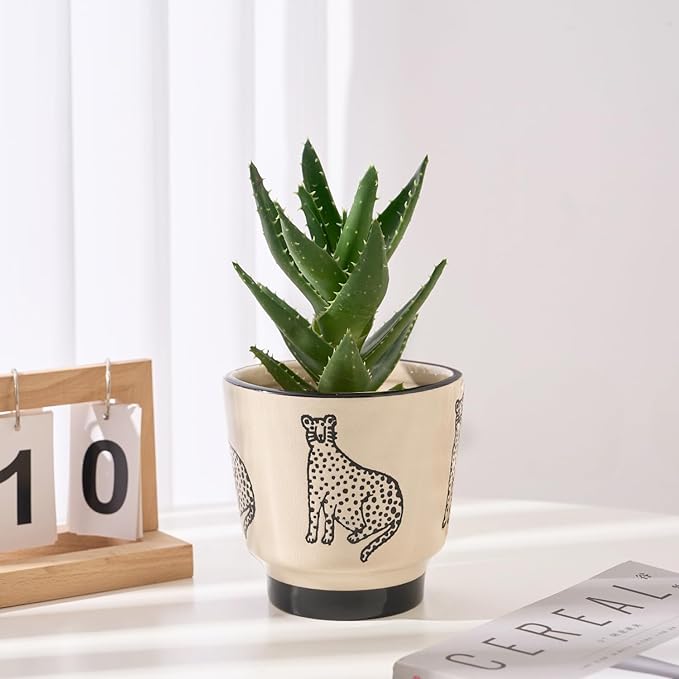 STHIE 5 Inch Ceramic Planters for Indoor Plants, Funny Small Plant Pots with Drainage, Unique Decorative Cute Flower Pot Panthers Round Flowerpots