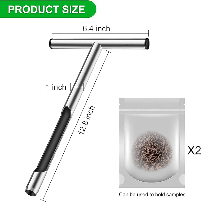 12 Inch Stainless Steel Soil Probe Rod with T Handle, Includes Soil Sample Kit, for Plant Care Lawn Garden Farm