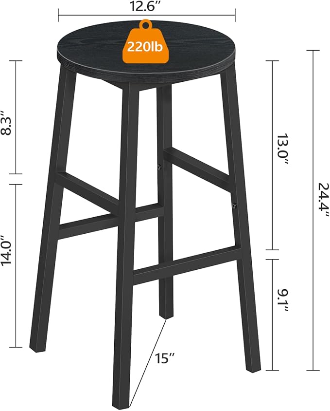 MAHANCRIS Bar Stools, Set of 2 Round Bar Chairs with Footrest, 24.4 Inch Kitchen Breakfast Bar Stools, Industrial Bar Stools, Easy Assembly, for Dining Room, Kitchen, Black BAHB0201