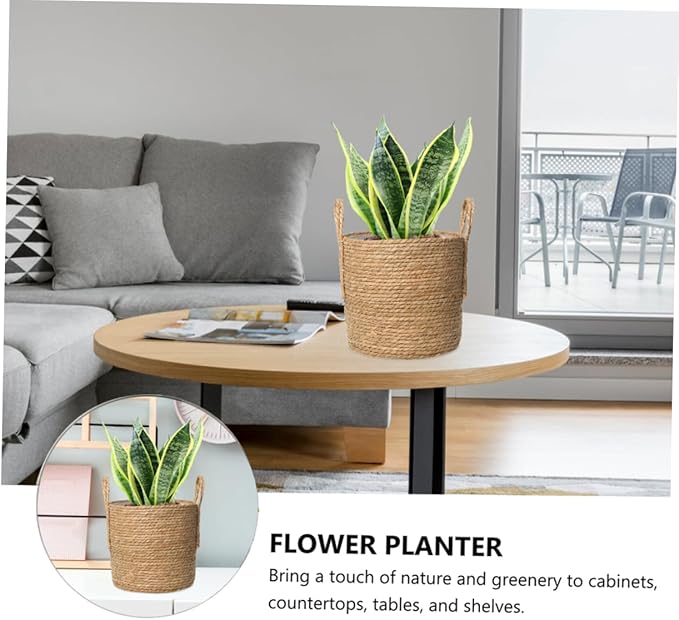 Rattan Basket Flower Pot 25cm Straw Flowerpot Vintage Style for Home Decor