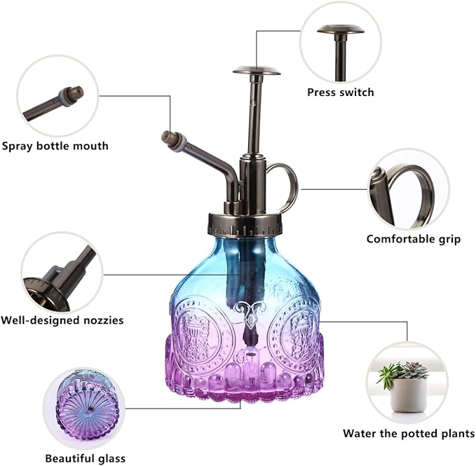 UPKOCH Vintage Glass Plant Mister Indoor Spray Bottle, Blue Purple Small Misting Watering Can for Orchid Succulents, Decorative Sprayer