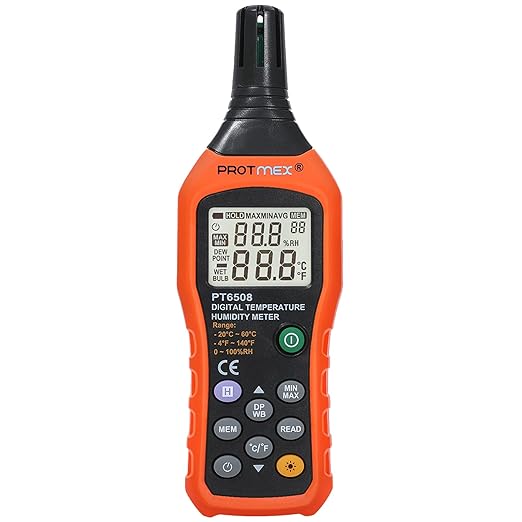 Protmex PT6508 Temperature Humidity Meter, Digital Thermometer Hygrometer Monitor with Ambient, Dew Point, Wet Bulb for Indoor/Outdoor MIN, MAX, Data Hold, LCD Backlight