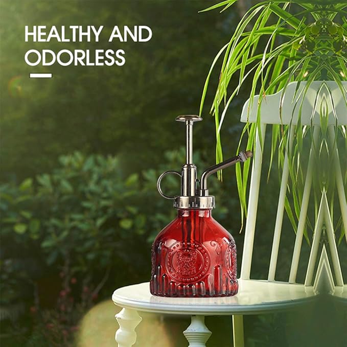 Plant Mister Glass Spray Bottle Small Plant Watering Can 6.4" Tall Retro Indoor Watering Can Bronze Plastic Top Pump for Garden Indoor Plant Sprayer (Red)