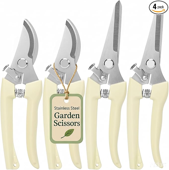 4PACK Pruning Shears, Stainless Steel Garden Shears, Sharp Handhled Gardening Scissors, Bypass & Straight Blade Garden Clippers for Plants, Flowers, Fruits Trees, Gardening Gifts for Women & Men