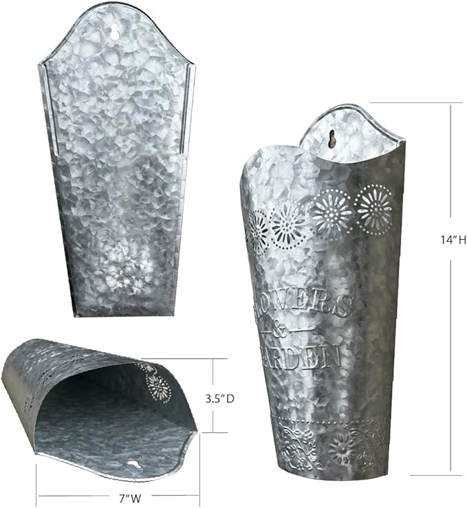 Lily's Home Set of 2 Rustic Farmhouse Galvanized Metal Wall Planters, with Floral Accents for Indoor or Outdoor Artificial Greenery. Rustic Hanging Flower Holders Wall Decor