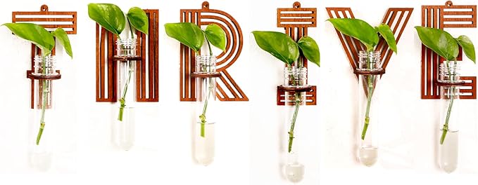 Thrive Letters Wall Propagation Planters Test Tubes Wall Decor for Hanging Plants Clear Water Plant Vase Brown Wood Upletter Alphabet Functional Art Boho 6 Pack