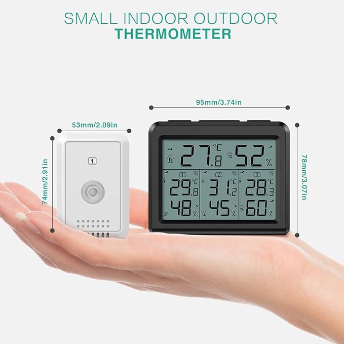 ORIA Indoor Outdoor Thermometer, Digital Hygrometer Thermometer with 3 Wireless Sensors, Temperature Humidity Monitor Meter with LCD Backlight, for Home, Office, Bedroom, Black