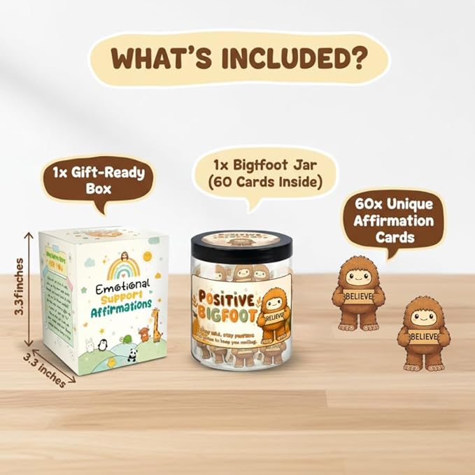 Positive Bigfoot Jar with 60 Daily Affirmation Cards, Bigfoot Gifts, Sasquatch Gifts for Men Women, Emotional Support Bigfoot Jar, Funny Gift for Dad or Husband