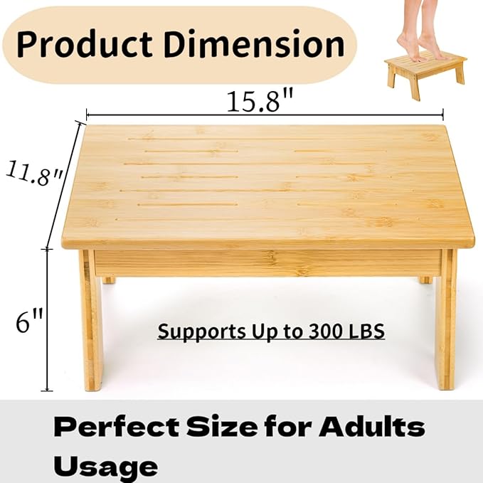 Tlence Wooden Step Stool for Adults, 6.5" Small Bamboo Foot Stool, 300 Lbs Non Slip One Stepping Stool, Short Bed Steps for High Beds and Office Desk