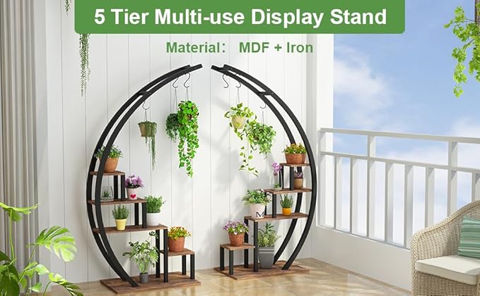 Patikuin 5-Tier Half Moon Metal Plant Stand Set of 2 – Tall Indoor & Outdoor Ladder Flower Shelf Rack with Hanging Hooks, Modern Multi-Tier Display for Living Room, Balcony & Garden