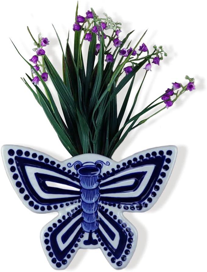 Blue & White Porcelain Wall Vase,Butterfly Shape Hydroponic Vase Wall Planter for Indoor, Outdoor (B)
