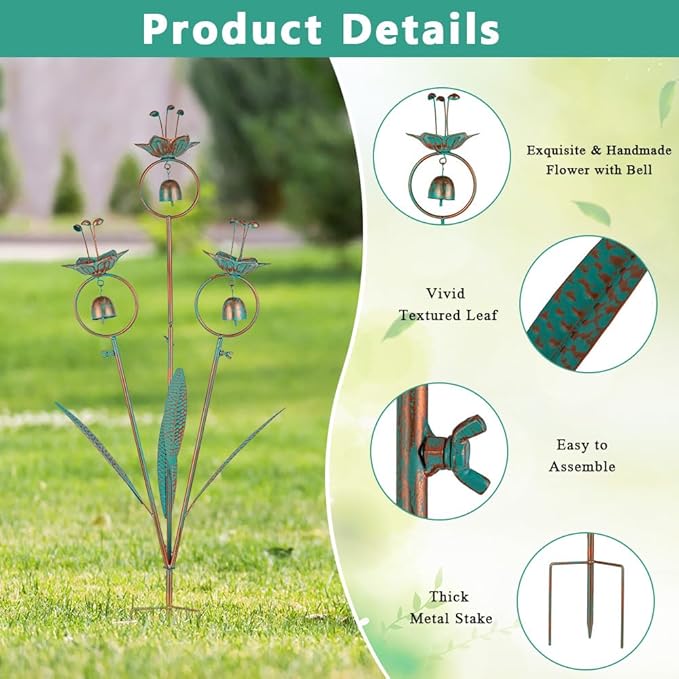 Calla Lily Garden Stake with Bells, Metal Flower Decorative Garden Stakes, 34" H Yard Art for Outdoor Lawn Patio Pathway Decor, Copper Green