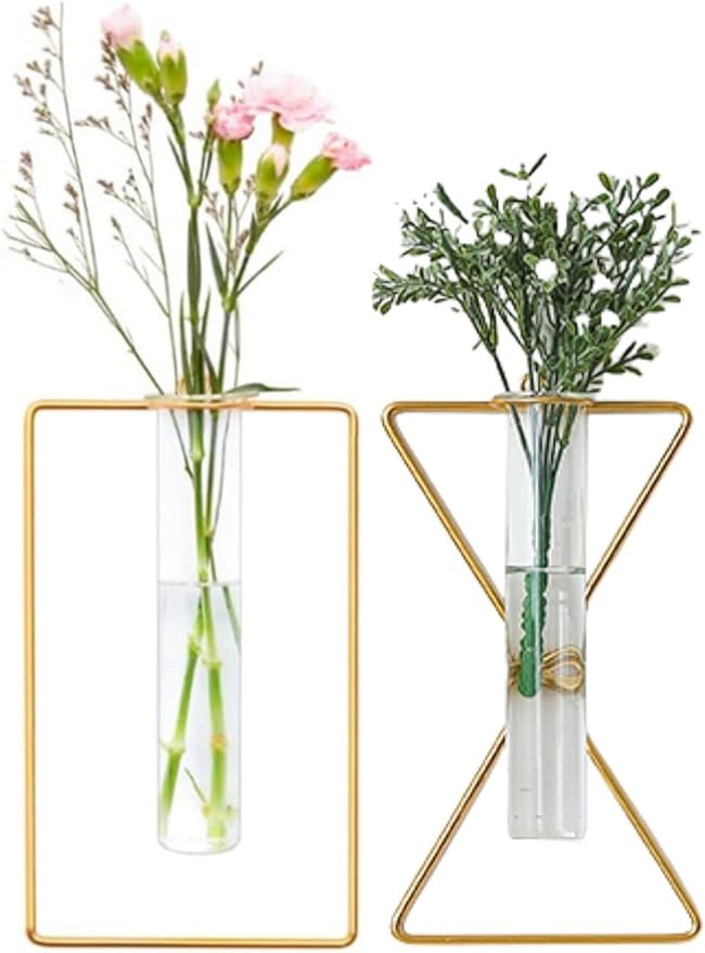 2 Pack Nordic Wall Vase,Gold Geometric Vase Hanging Hydroponic Planter,Wall-Mounted Metal Glass Tube Bud Vase Decorative for Centerpieces Wedding Home Decor(Gold 5)