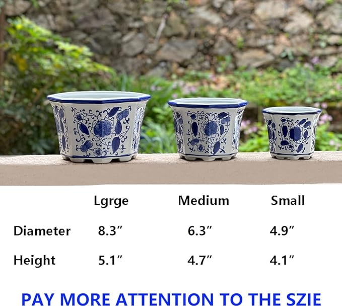 HakkaGirl Ceramic Planter, Chinoiserie Decor Ceramic Flower Pots Plant Pots Indoor with Drainage for Orchid Succulent or Small Plants, Blue and White, Set of 3