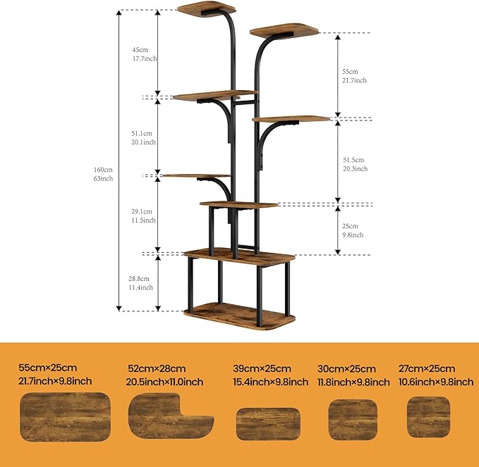 Tall Plant Stand with Grow Lights – 8 Tier 63" Metal and Wooden Indoor Flower Shelf Rack, Adjustable Large Corner Organizer for Living Room or Home Gardening Display