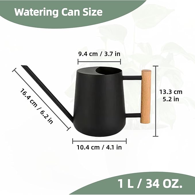 Indoor Watering Can with Long Spout, 34oz Capacity, Black Metal with Wood Handle (Black-Z1)