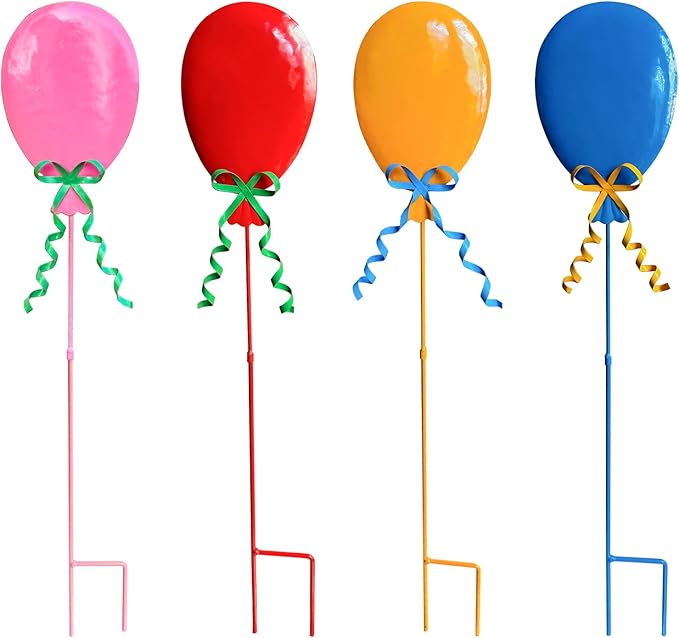 32" Decorative Garden Stakes Set of 4, Happy Birthday Yard Stakes, Metal Balloon Yard Art, Rustproof Metal Garden Decor & Yard Decorations Outdoor, Metal Flowers for Outside in 4 Colors
