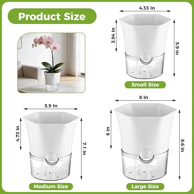 6-Pack 7.8" Clear Self Watering Pots for Indoor Plants Large Hexagon Self-Watering Planters Orchid Pots Plastic Wick Flower Plant Pots for African Violet, Spider, Herbs, Home Decor, White and Clear