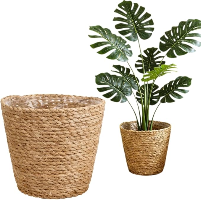 FOMIYES Home Decor Woven Straw Flower Pot Seagrass Planters Basket Garden Plant Pot Containers Wicker Rattan Vase Sundries Organizer Storage Bins for Indoor Outdoor Plants Vintage Decor
