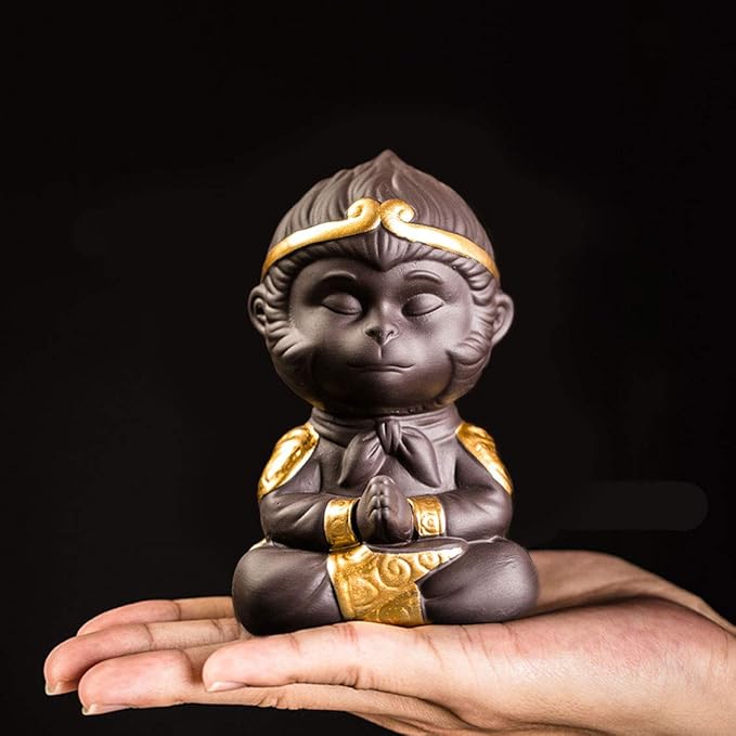 Aquarium Fish Tank Decoration, Ceramic Desktop Ape-Prayer Sculpture Decor Zen Bonsai Ornament Carving - Calming Emotions Training