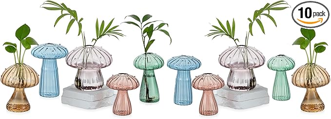 Colorful Mushroom Propagation Stations for Plants: Glasseam 10Pcs Glass Plant Terrarium for Pothos Herbs - Lovely Hydroponic Propagator for Window Table Decor - Unique Gifts for Women