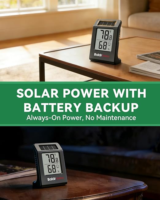 BALDR 2-Pack Digital Hygrometer Thermometer, Solar Power with Battery Backup Temperature and Humidity Monitor, Mini Room Thermometer with Comfort Indicator (Black)