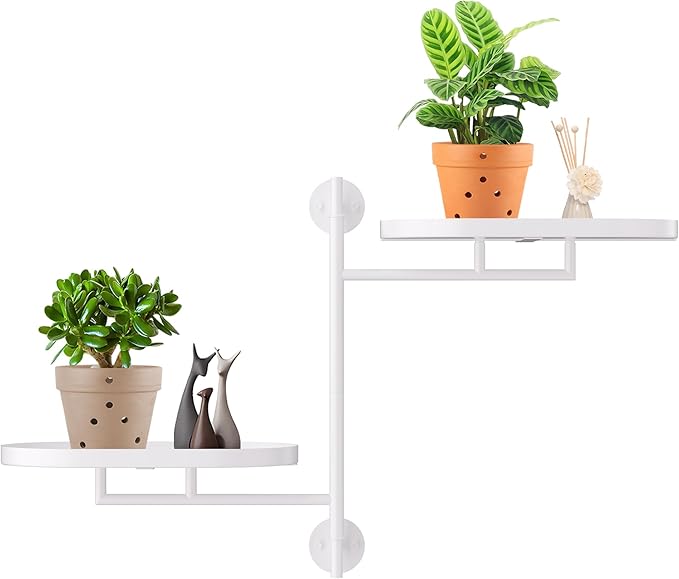 Rotating Window Shelves for Multiple Plants Indoor,2-tier Metal Corner White Plant Stand Holder Floating Hanger Shelf for Wall，Windows Sill Gifts for Planter Lover to Enhance Home Decor