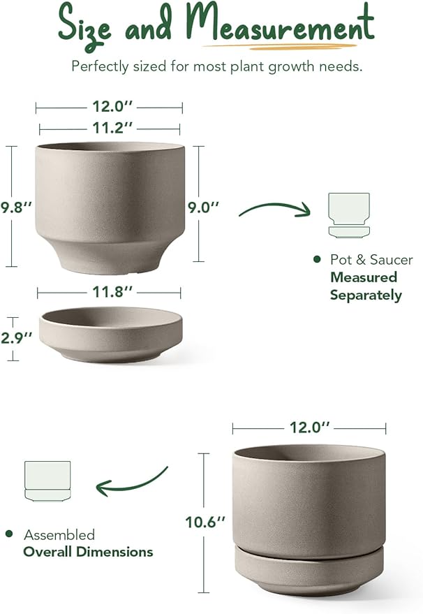 LE TAUCI 12 Inch Pots for Plants with Saucer | Ceramic Outdoor & Indoor Planter Pot for Plants | Drainage Hole, Mesh Pad | Unglazed Porous | Modern for Home, Office and Patio – Neutral Gray