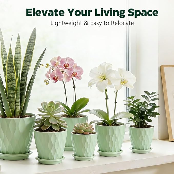 Plant Pots, Self Watering Planters with Drainage Holes and Trays, Flower Pots for Indoor Outdoor - 6 Pack(4/5/6/6.5/7/8 Inch) (Light Green)