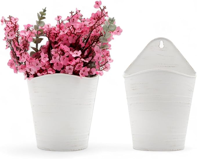 Hosley Set of 2 White Wall Planter with PVC Linner 6.25" L x 4" W x 10" H, Ideal Gift for Floral Arrangements Wedding Home Office Party DIY Indoor Outdoor Garden Patio