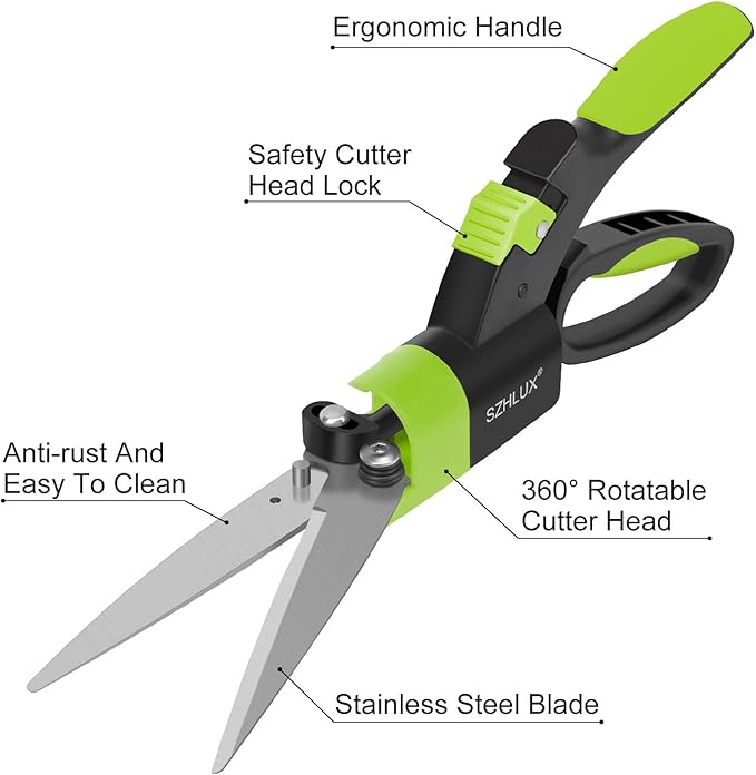 SZHLUX Grass Shears 360-Degree Swivel Blades, Ultra-Sharp Grass Cutter with 5’’ Stainless Steel Blades, Gardening Shears and Plant Cutting Scissors