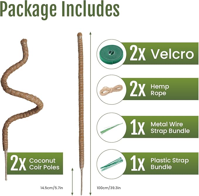 Mcbazel 2 Pack 39'' Bendable Moss Pole, Monstera Plant Support, Coco Coir Moss Poles for Climbing Plants, Stakes for Indoor Plant, Accessories for Monstera Pot