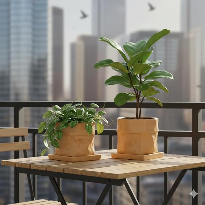 Nihow Ceramic Plant Pot: 8 Inch Planter with Drainage Hole & Square Saucer for Herbs/Plants, Bag Shape Design Flower Pot for Indoor & Outdoor Garden Decor - Terracota