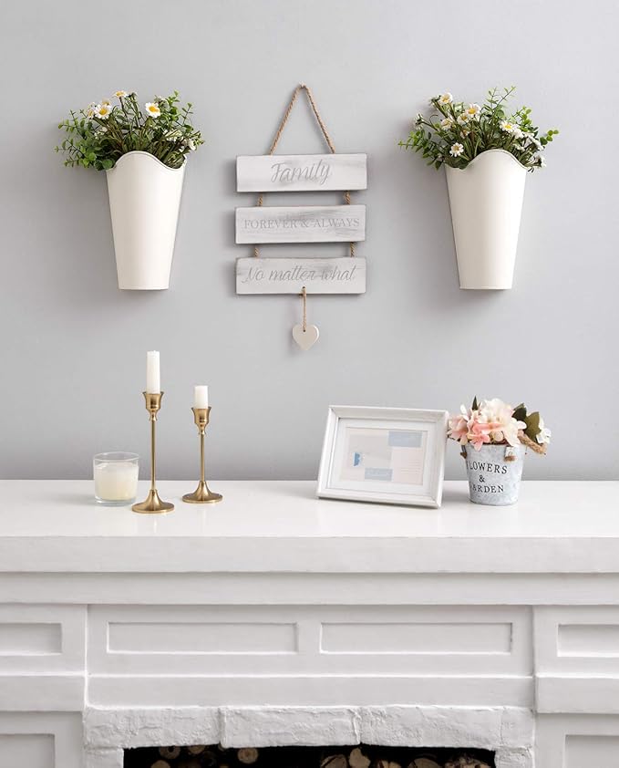 Mkono Galvanized Metal Wall Planter Farmhouse Wall Vase for Artificial Plants Flowers, Rustic Hanging Fake Flowers Holder Country Home Bedroom Living Room Decor Set of 2, White, Small
