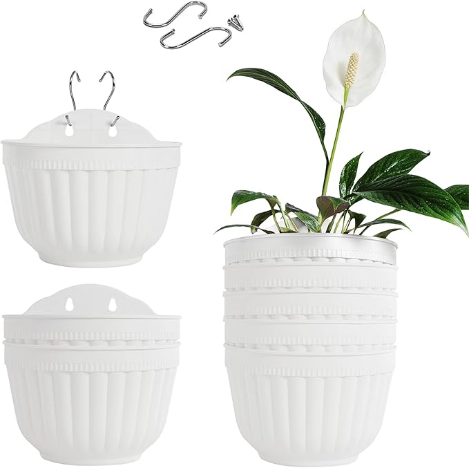 8 Pack Hanging Planters Wall Planter for Indoor Outdoor Plants White 8 inch Plant pots with Drainage Hole, Balcony Planters Railing Hanging Pot Fence Vertical Living Mount with Accessaries