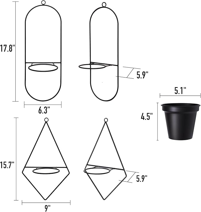 Geometric Wall Planters for Indoor Plants – Set of 2 Black Metal Wall Mounted Plant Holder (Diamond & Oval Shapes) with 5 Inch Flower Pots, Modern haning planters for Indoor Outdoor Décor