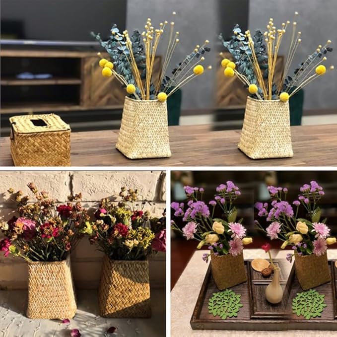 Ipetboom Wicker Flower Vase, Natural Seaweed Weave Basket Pastoral Rattan Vase Farmhouse Flower Basket, Dried Flower Pot Seagrass Storage Basket Organizer, 5.51 X 4.72 Inches