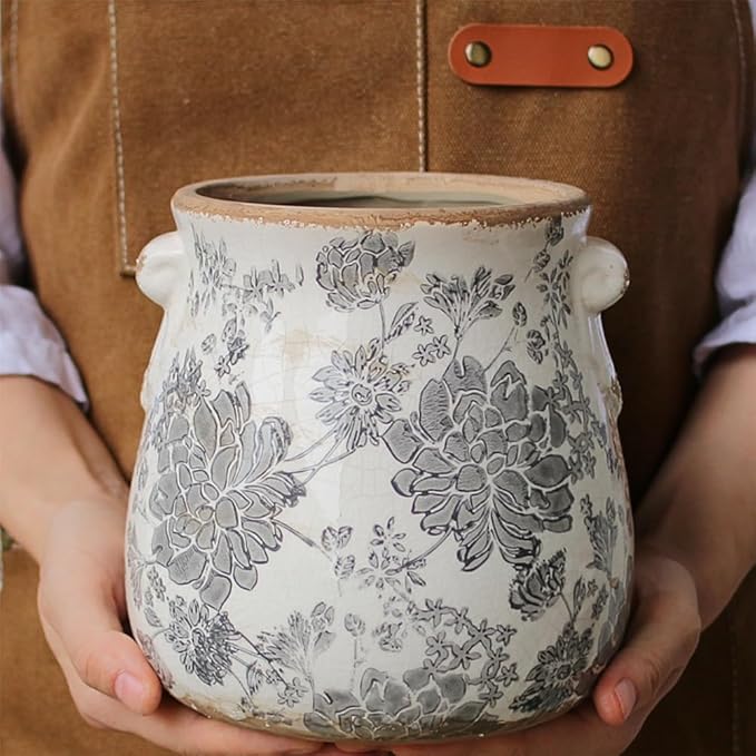 Xiaan Jiaju 6.68in. Tuscan Planter & Room and Home Decor, Decorative Vase, Indoor/Outdoor Ceramic Plant Pot w/Drainage, French Country Decor Boho Decor, Gifts for Women Birthday Unique, Vintage Grey